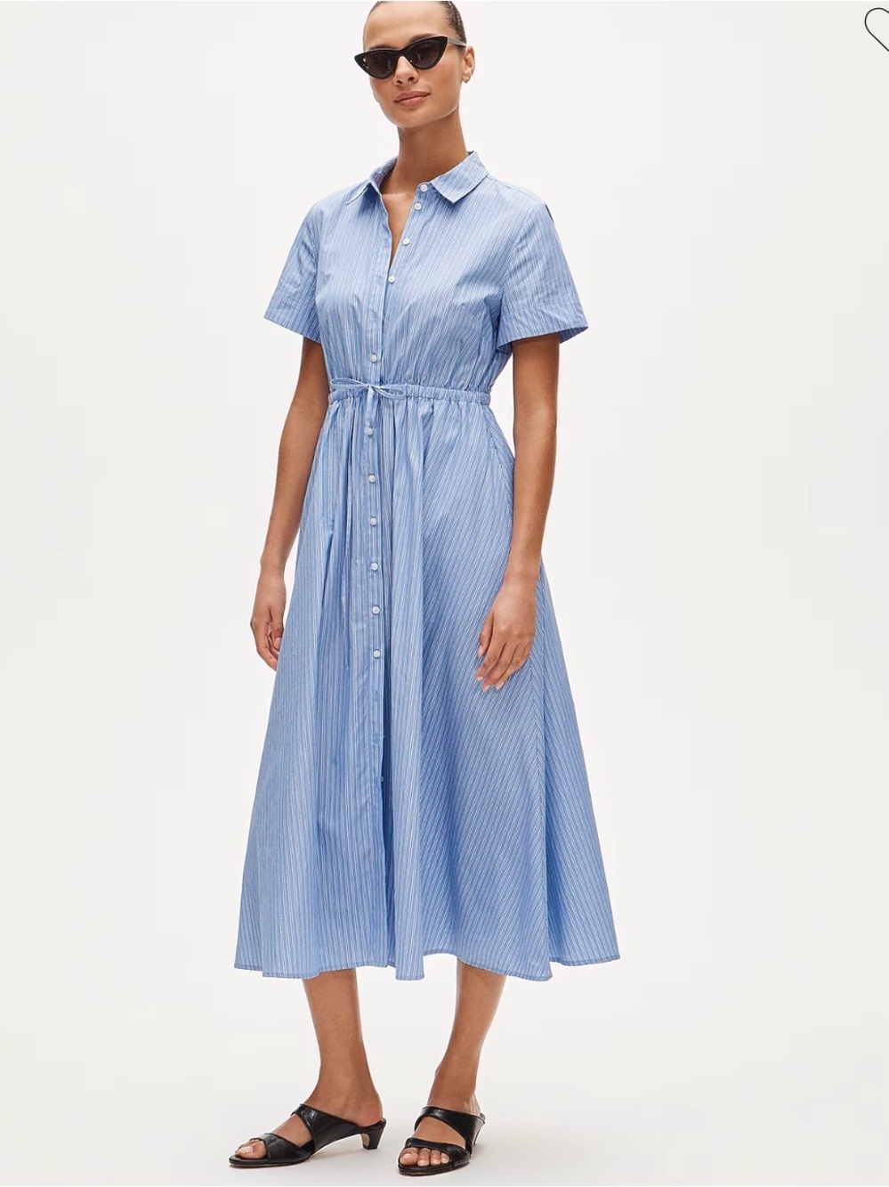 J. Crew Light Blue Cotton Poplin Striped Midi Shirt Dress Medium - Short Sleeves - Picture 3 of 6